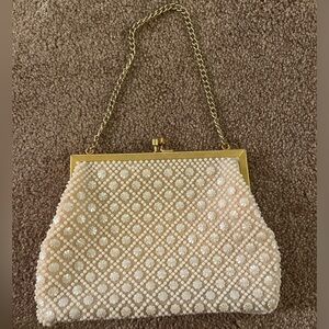 White Pearl and cream beaded evening purse with gold clasp and chain